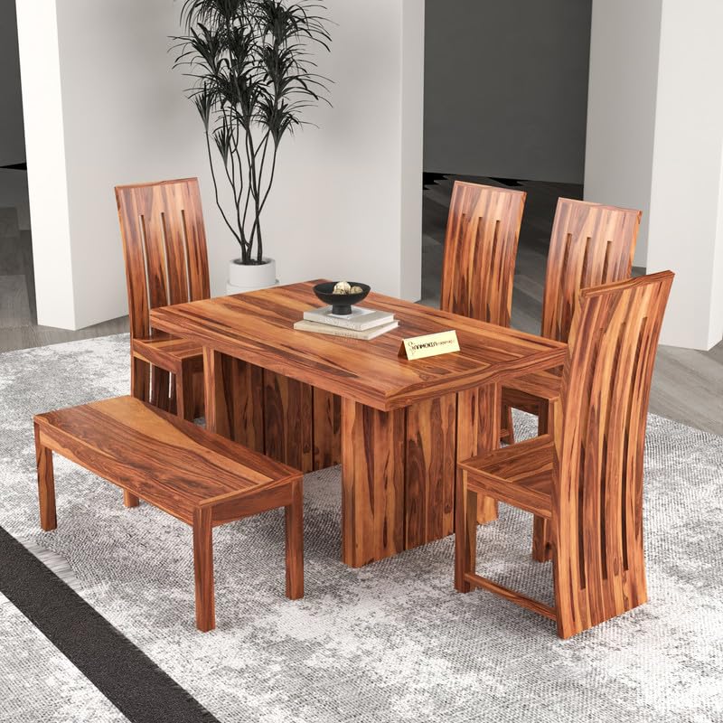 Image of Solid Sheesham Wood Dining Room Sets 6 Seater Dining Table with 4 Chairs & 1 Bench for Dining Room, Living Room, Restaurant, Cafeteria (Estra, Honey)