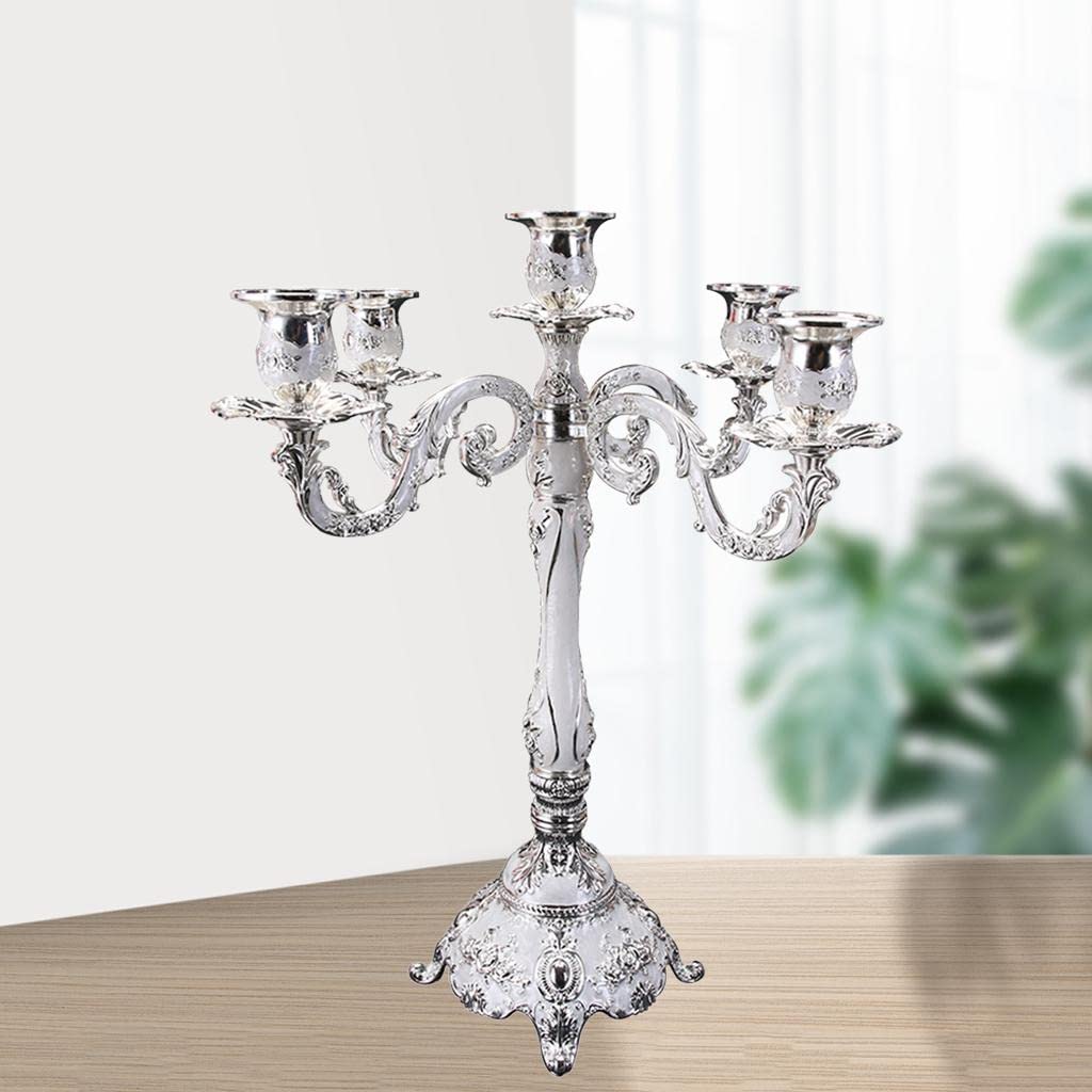 Candeliere a Colonna in Metallo, Elegante Regalo di Nozze, Raffinata Decorazione da Tavola in Stile Europeo, Portacandele a 3/5 Teste, Regalo per L, 5 Braccia Argento