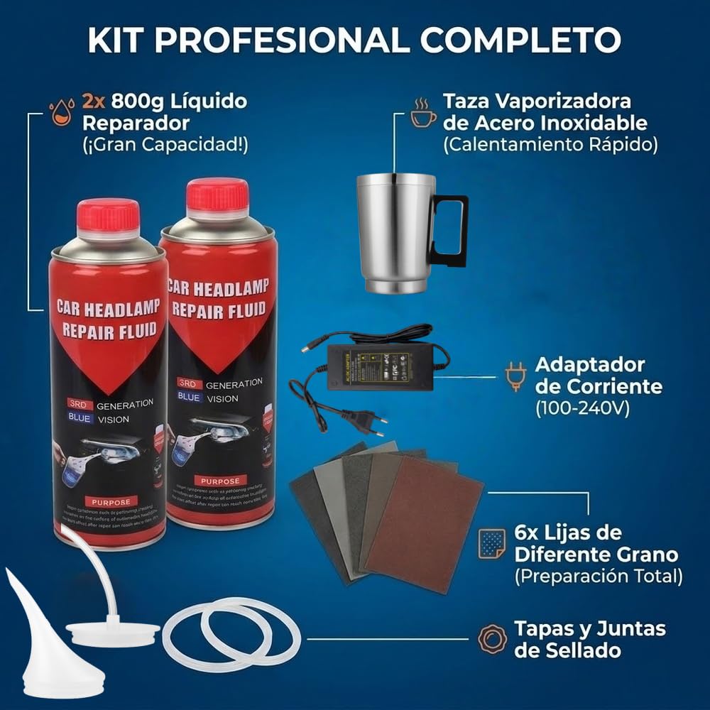 Kit Completo de Restauración y Pulido de Faros de Coche - Incluye 2 Botes de Solución Abrillantadora (800g) y Aplicador Térmico de Acero Inoxidable. Elimina Arañazos y Amarilleo
