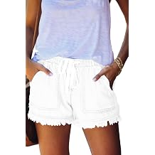 HVEPUO Women's Jean Shorts Frayed Raw Hem Drawstring Denim Shorts Casual Summer