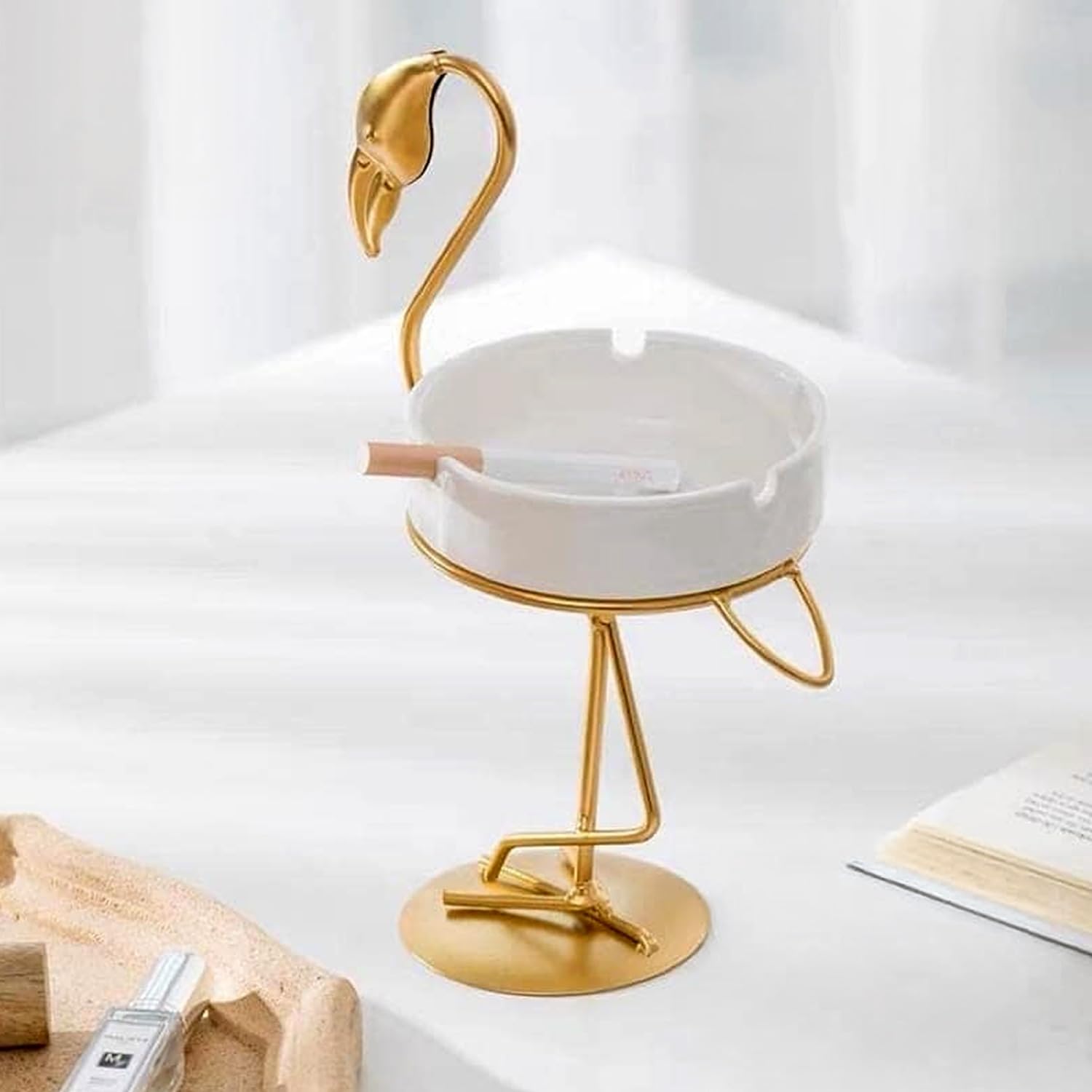 Elegant Gold Flamingo Ceramic Ashtray Stand, Decorative Bird Design Metal Holder with White Tray, Modern Home Decor Accessory-image-19