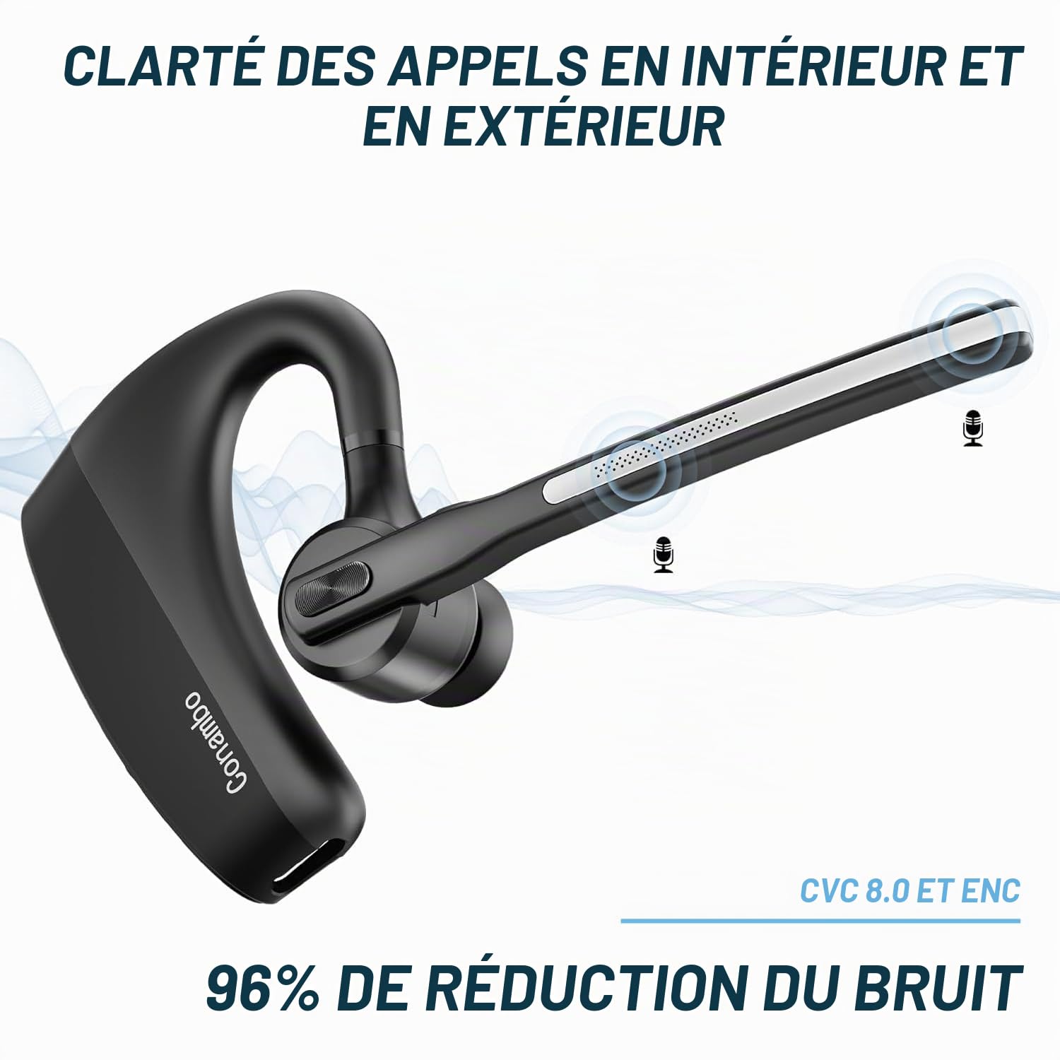 Conambo Casque Bluetooth V5.2, sans fil, mains libres, avec CVC 8.0 et ENC Dual Mic réduction du bruit, 70 heures d'autonomie avec étui de charge, oreillette Bluetooth pour conduite, bureau, gris