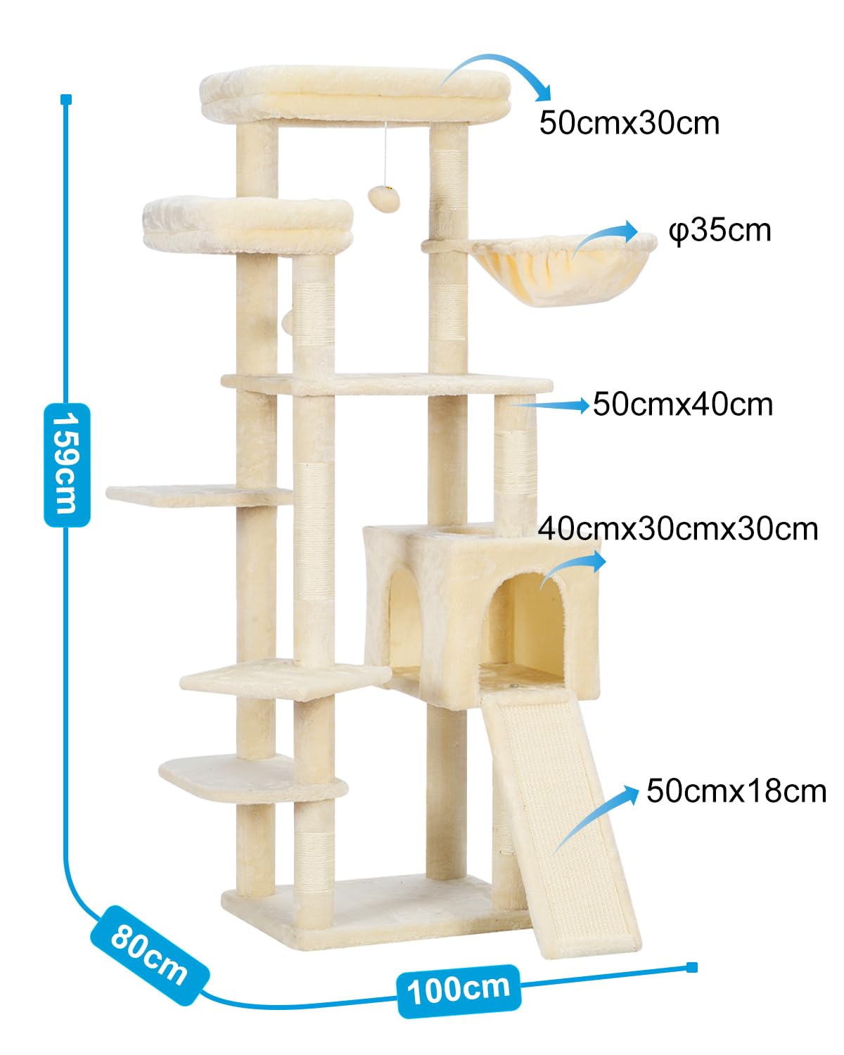 Hey-brother Kratzbaum, Stabil 159 cm Katzenbaum mit 2 Große Plattform, Großer Kratzbrett, Korb und Haus, Beige EMPJ029M
