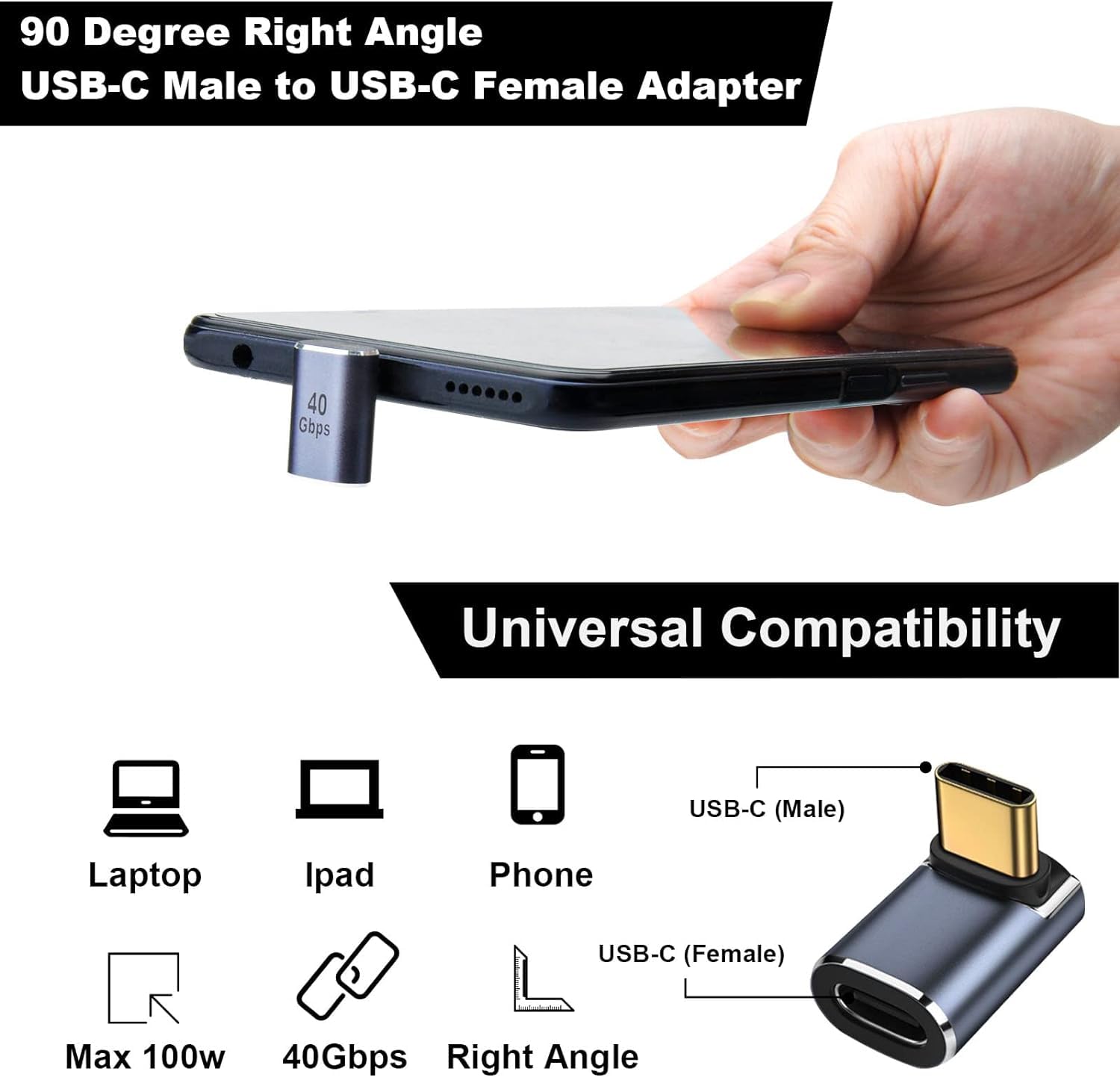 Adattatore Usb C, Angolo Retto Di 90 Gradi, Tipo C Adattatore Maschio Femmina Supporto Extender Ricarica Rapida 100w Trasferimento Dati 40gbps Uscita Vi P9548927