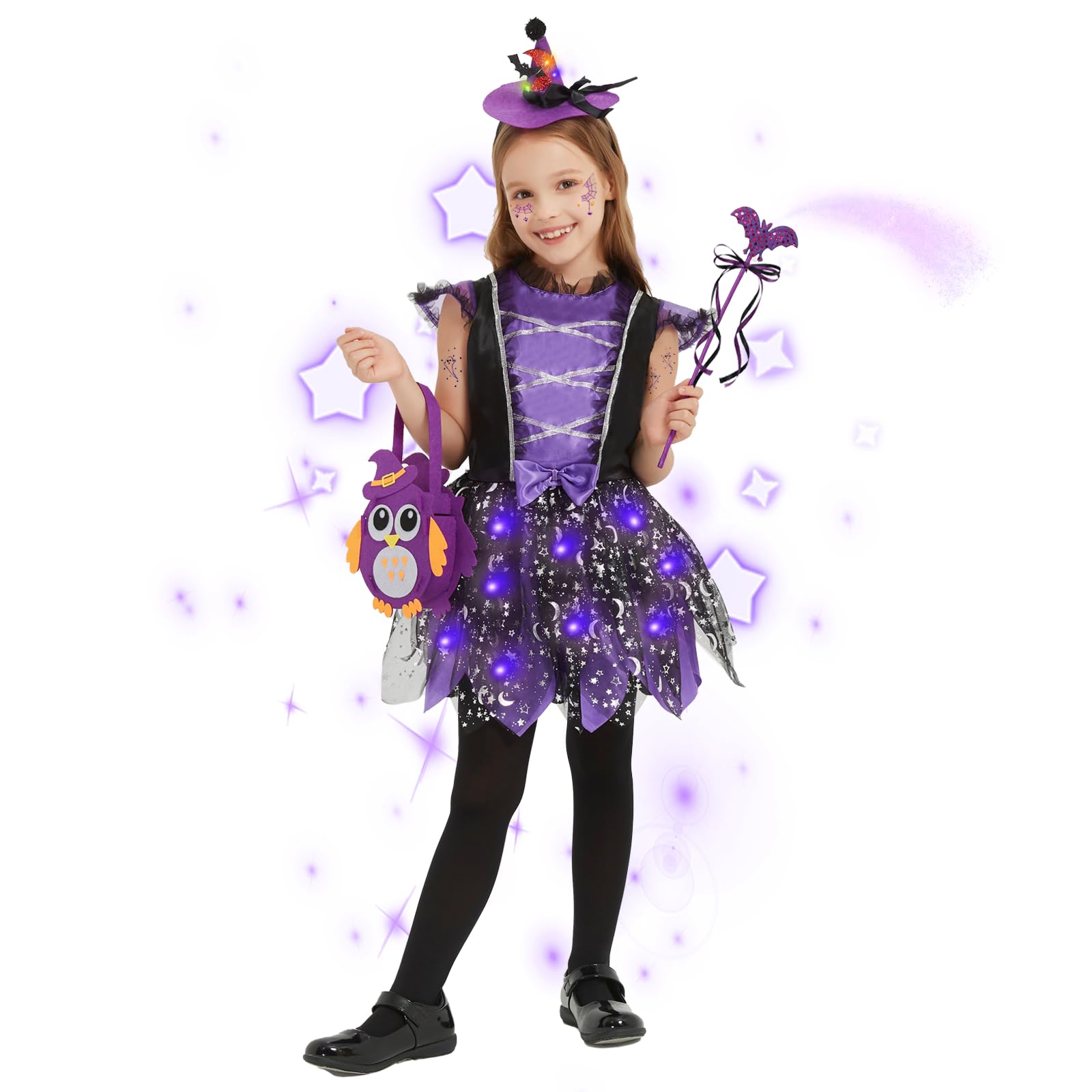 Costume Sorcière Fille Halloween - Robe Violette Avec Lumières, Chapeau, Baguette - Déguisement Enfant 3-10 Ans