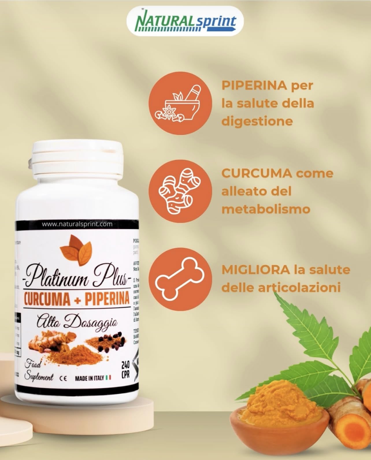 Curcuma + Piperina Platinum Plus - Curcumina Titolata ad Alto Dosaggio – 240 Compresse Naturali Made in Italy per il benessere quotidiano