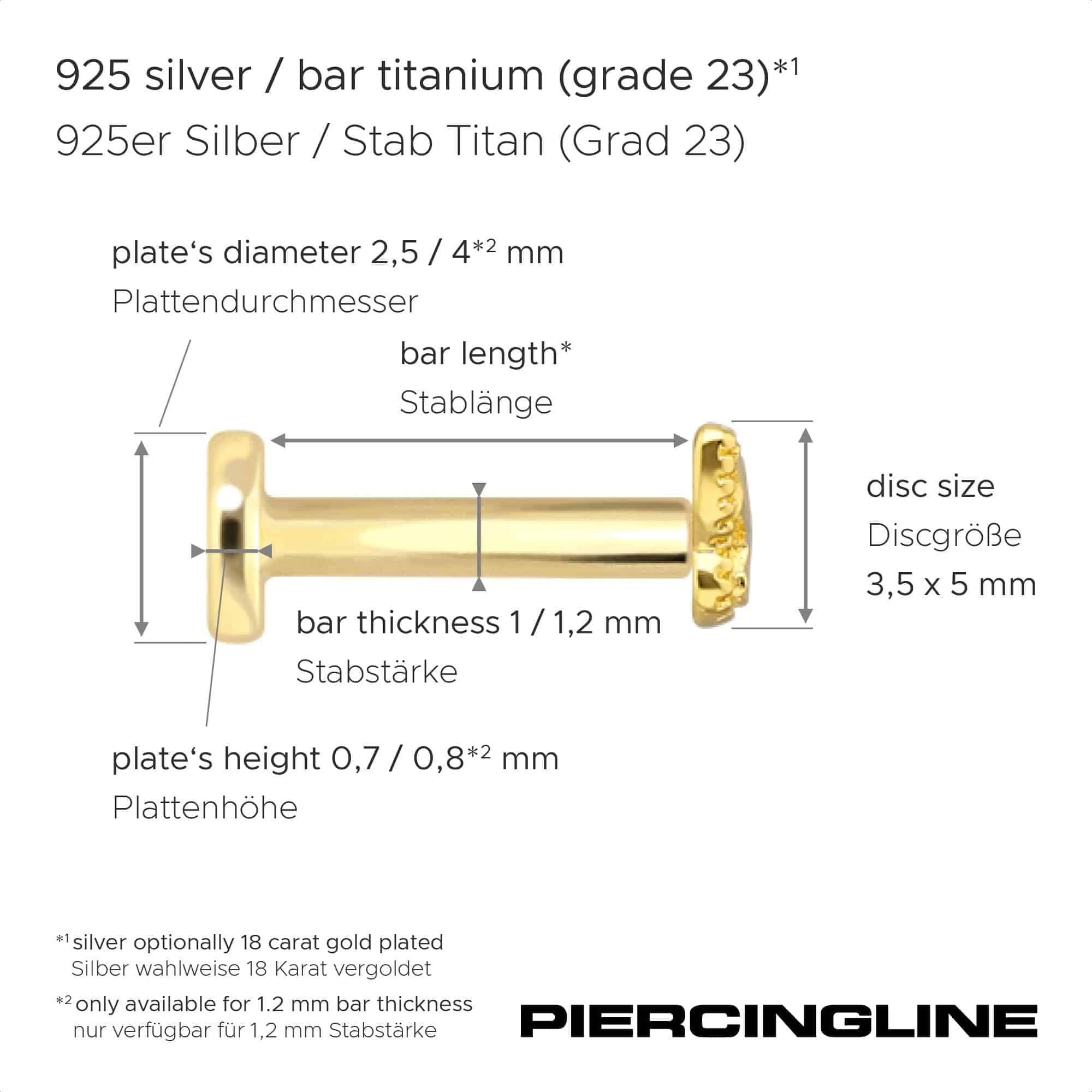 PIERCINGLINE Piercing Stecker Titan Labret mit Innengewinde + 925er Silber Aufsatz SCHMETTERLING - Goldfarben, Silberfarben