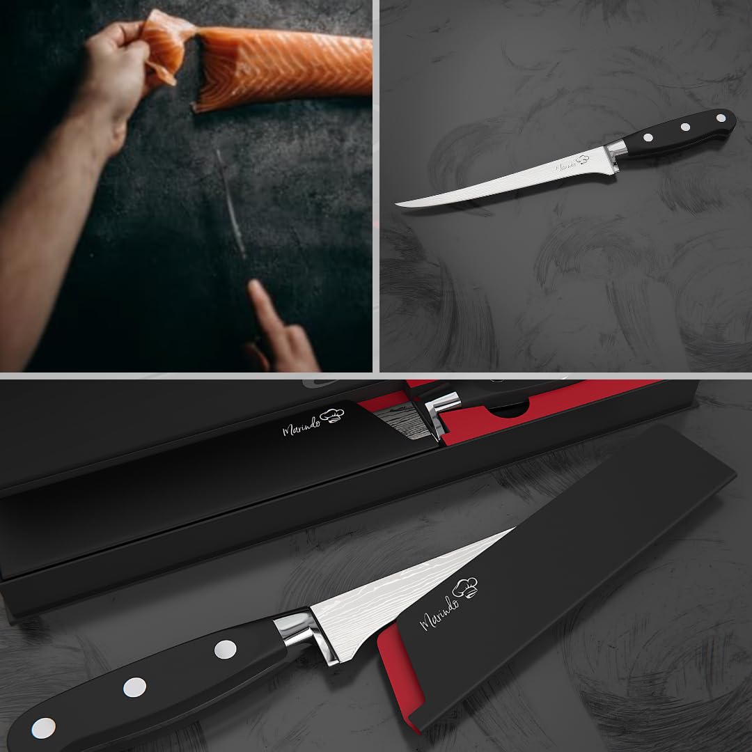 Marindo Set di coltelli professionali per sfilettare con fodero, lunghezza lama 18,5 cm, per pesce e carne, coltello da sfilettatura in acciaio inox con manico robusto, coltello da pesca antiruggine