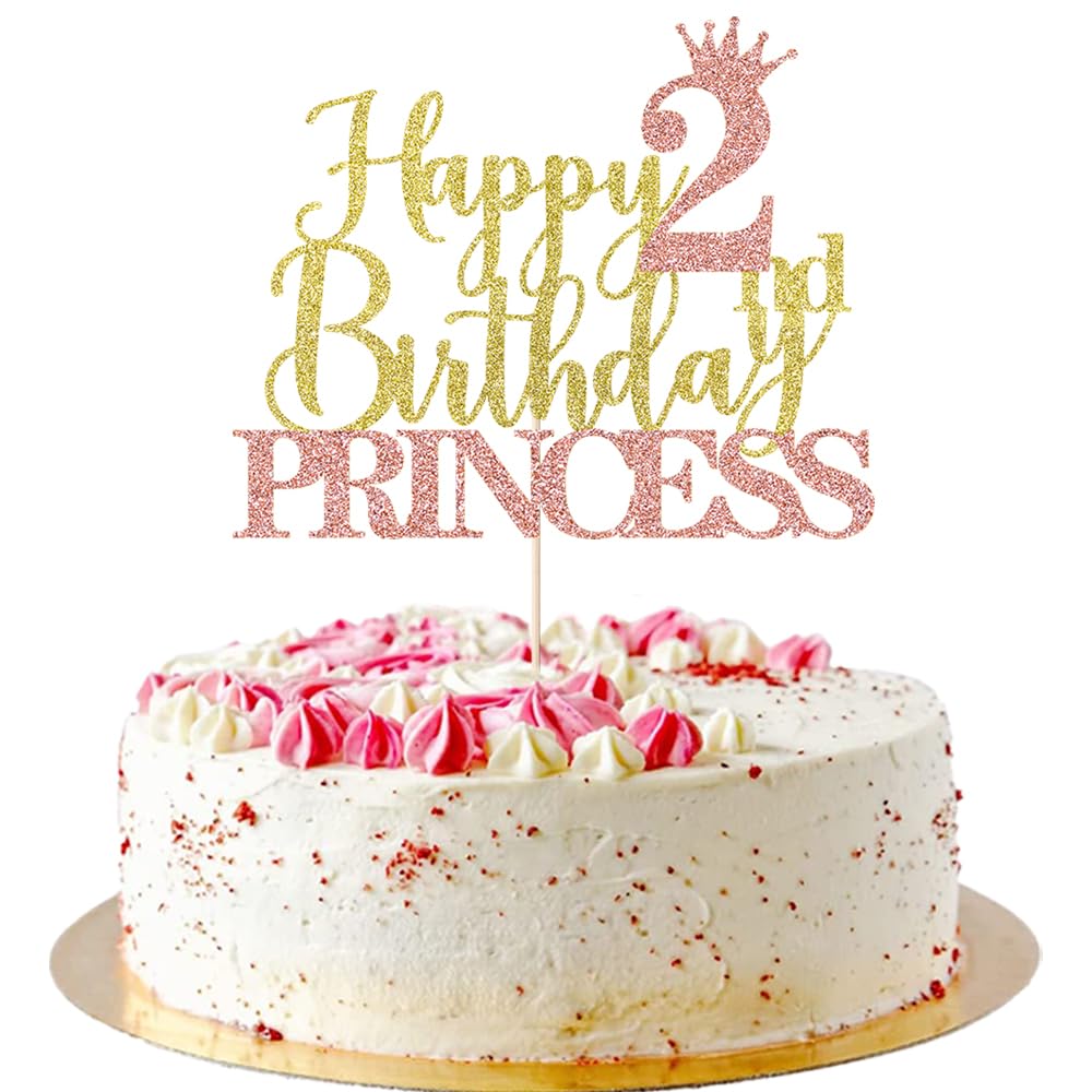 AROKIPPRY Princess 2nd Birthday Cake Topper - Crown Girl baby shower, Gender reveal,girls 2nd birthday party decoration supplies Pink & Gold Glitter