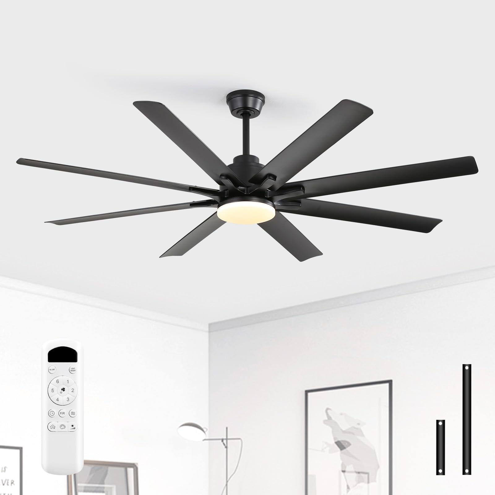 Sofucor 132 cm Ventilatore da Soffitto con Luce, Telecomando | Silenzioso DC, 8 Pale, 3 Temperature di colore, Timer, 6 Velocità, Modalità Estate/Inverno, per Soggiorno