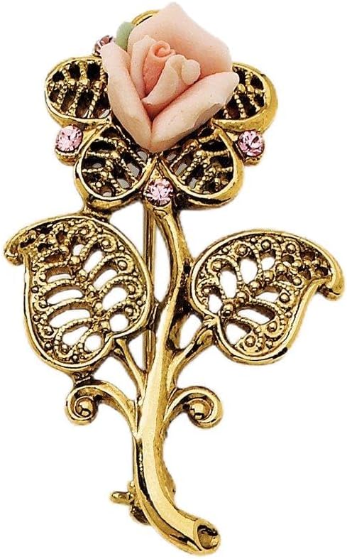 Gold Tone Pink Porcelain Rose Pink Crystal Pin Brooch