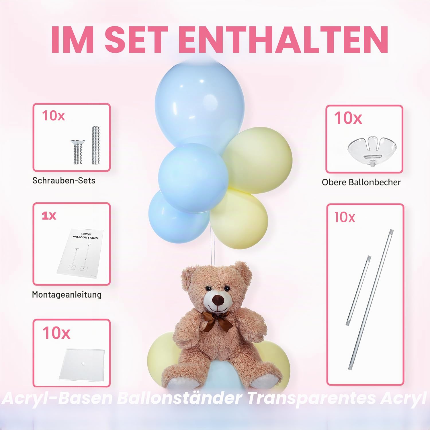 TEKXYZ 10 Stück Acryl-Ballonständer für Tisch, Verstellbare Höhe 40/60cm | Wiederverwendbarer Ballon-Tischständer für Hochzeit Geburtstag Party Tischdekoration
