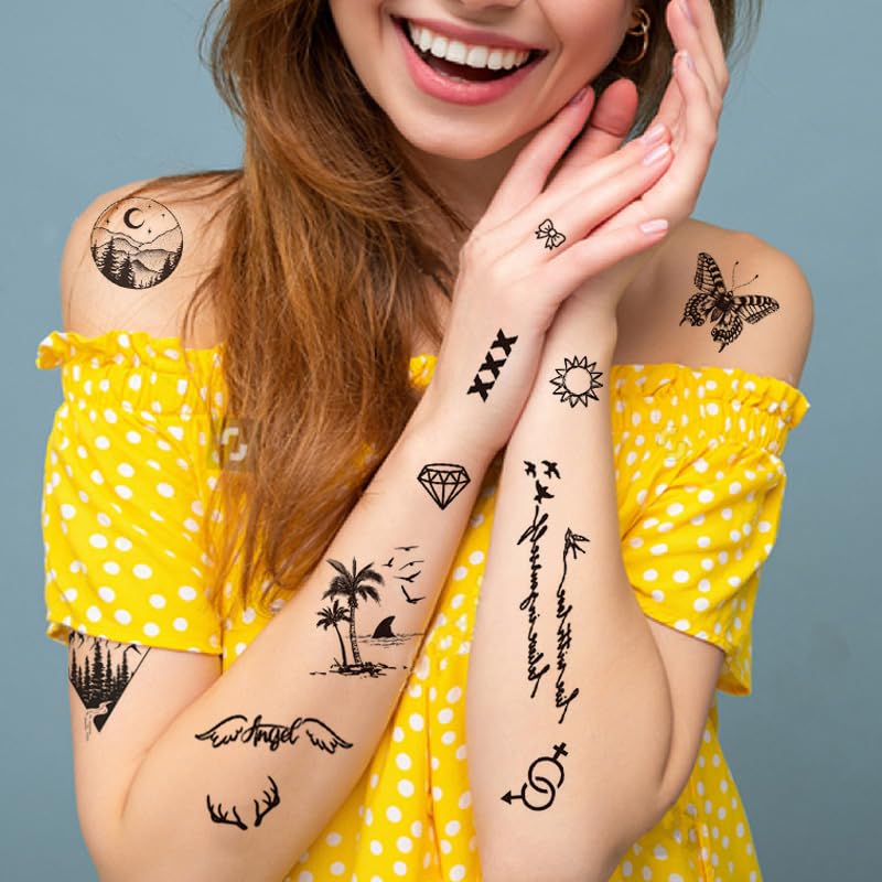 Miniatura 3 de 32 hojas de tatuajes temporales de patrón pequeño negro realista para adultos, tatuajes temporales de plumas, novios de pájaros, tatuajes falsos