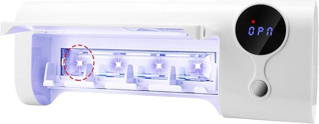 LUXCARE LED UVC Toothbrush Sanitizer Holder with 4 Slots and Timing Function for Family, Wall Mounted Electric Toothbrush Holder Sterilizer Case with Cover for Bathroom Use