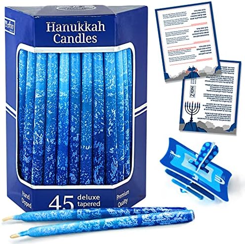 Premium Dripless Hanukkah Candles Multi Blues Frosted Thin Tapered Chanukah Candle Set of 45 Enough for Eight Nights of Hanukah Includes a DIY Dreidel, Prayer Card with Chanukah Song - Aviv Judaica