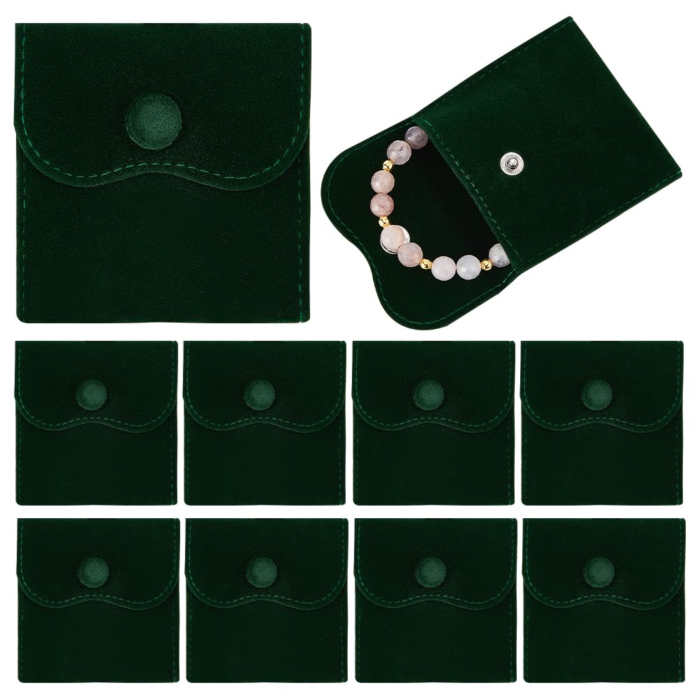 NBEADS 10 Pcs Velvet Jewelry Pouches with Snap Button, 2.76x2.76 Inch Square Velvet Jewelry Storage Bags Luxury Gift Bag and Jewelry Necklace Bracelet Packing, Dark Green