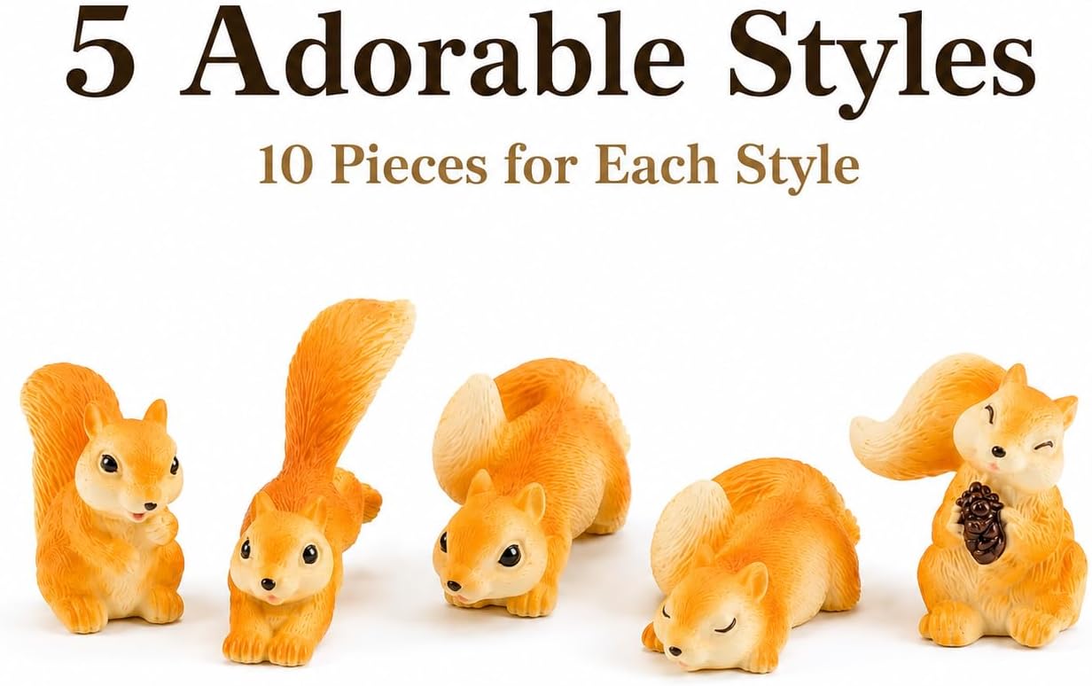 Yardwe 50 Pcs Mini Resin Squirrel Figurines, Bulk Tiny Animal Figures for Fairy Garden Accessories, Miniature Sculpture for Terrarium Decor, Cake Toppers, Succulent Pot Ornaments, Moss Landscape image 3