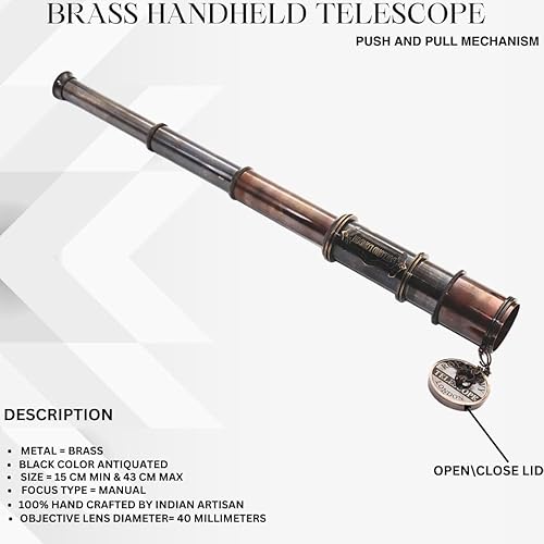 Miniatura 2 de BAZROSS Brass Maritime - Telescopio pirata de cristal espía vintage de 15x, telescopio pirata funcional de latón y visión clara con funda de cuero