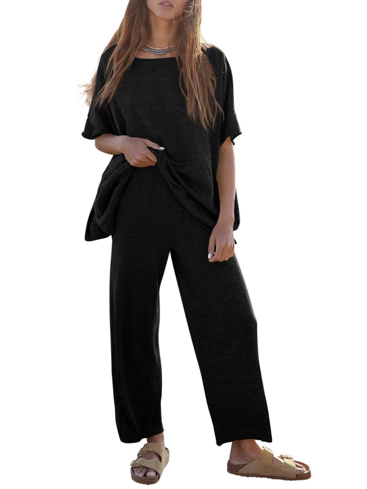 Tankaneo Women's 2 Piece Travel Outfits Casual Short Sleeve Knit Sweater Set Wide Leg Pants Lounge Sets Tracksuit