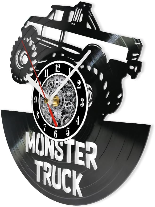 The Geeky Days Monster Truck Theme Vinyl Record Wall Clock for Off-Road Enthusiast Garage Man Cave Truck Lovers Bedroom Auto Shop Racing Studio Laser Cut Longplay Handicraft Art Wall Clock