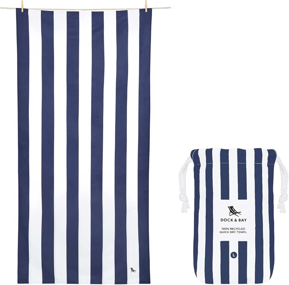 Dock &amp; Bay Beach Towel - Quick Dry, Sand Free - Compact, Lightweight - 100% Recycled - Includes Bag - Cabana - Whitsunday Blue - Large (160x90cm, 63x35)