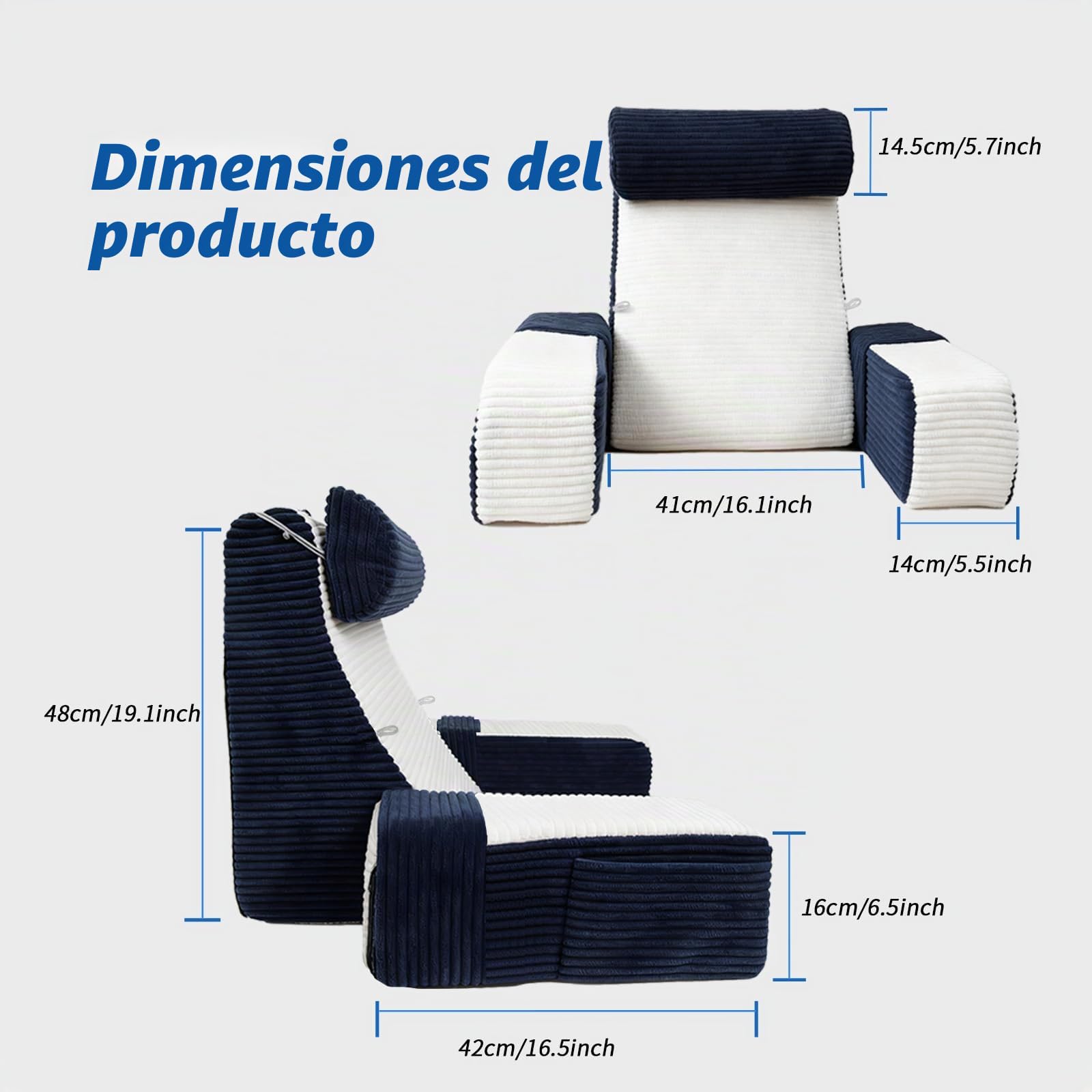 Almohada de Lectura, Cojín Lectura Cama para Sentarse, Cojín para Cama con Respaldo y Reposabrazos Ajustables, Almohada Sofá, Adecuado para Leer/Jugar/Relajarse, Azul & Blanco