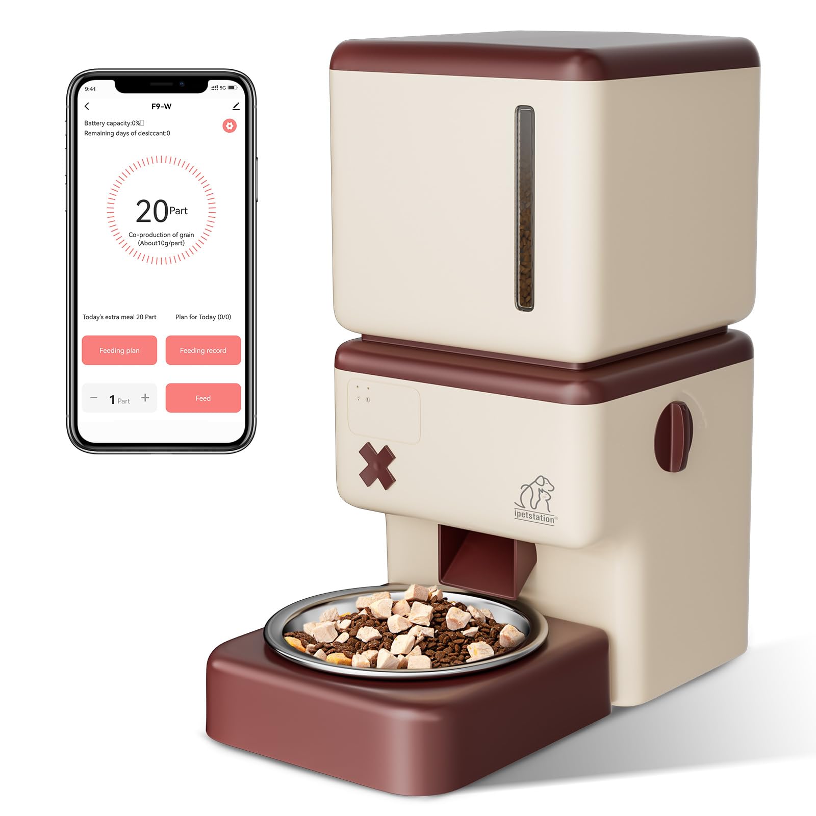 ipetstation Sealed Food Storage Automatic Cat Feeder 3.5L, WiFi Connected, Stainless Steel Bowl, Cat Food Dispenser Small for Medium Dogs Bunny