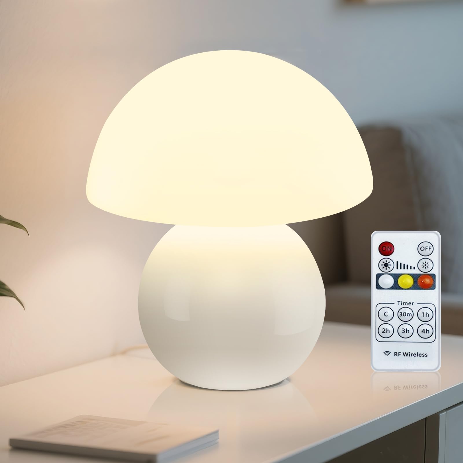 Remote Control Mushroom Lamp with Timer 3-Color Dimmable Bedside Light Ceramic Base Glass Shade Modern Decorative Night Lamp