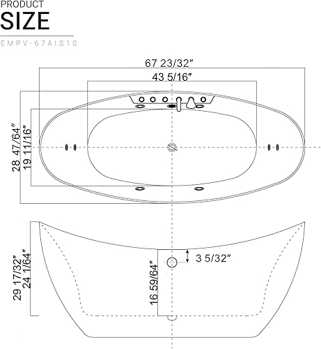 Miniatura 8 de Empava Bañera de hidromasaje de acrílico de 68 pulgadas con forma ovalada con 8 chorros de agua, bañera de masaje de doble extremo con 2 almohadas