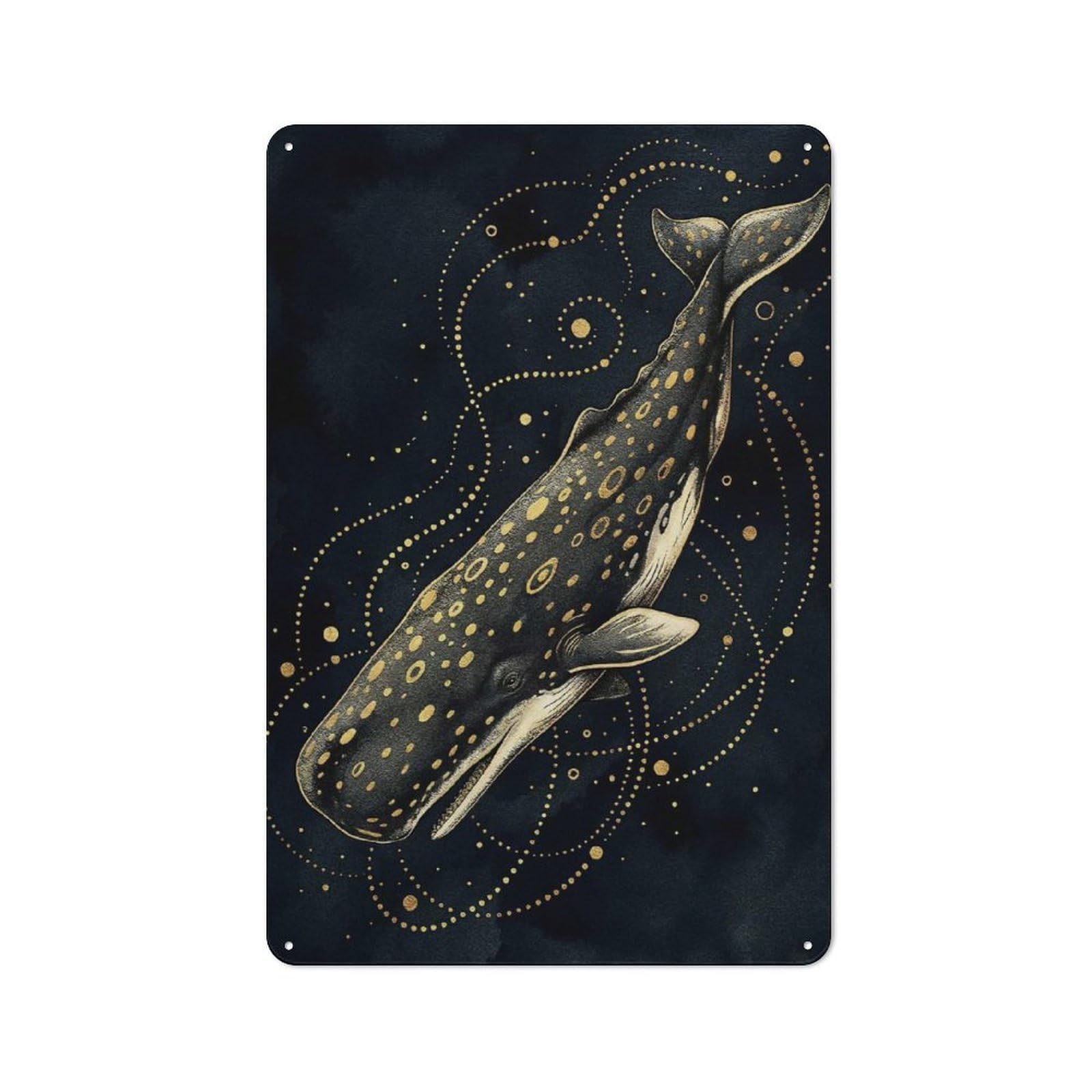 Junmoney Style-21 Golden Spotted Whale On Dark Background Rustic Metal Sign 30X20cm For Garden Room Or Summerhouse, For Themed Interiors In Garden Rooms And Summerhouses