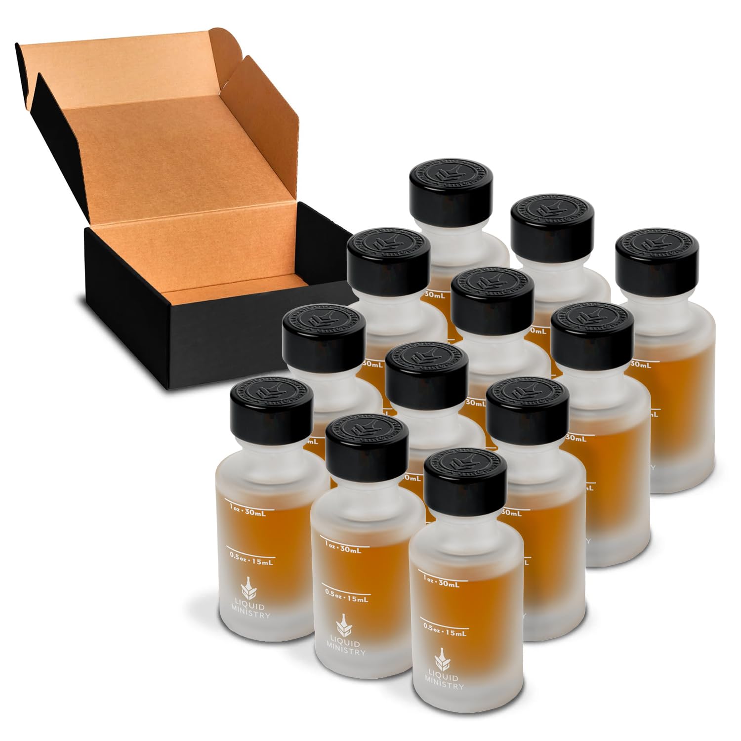 Botellas pequeñas de muestra de vidrio esmerilado transparente esmerilado con marcas de capacidad, tapas | 1 onza + a prueba de fugas y perfectas para whisky, aceites, viajes, jugo y