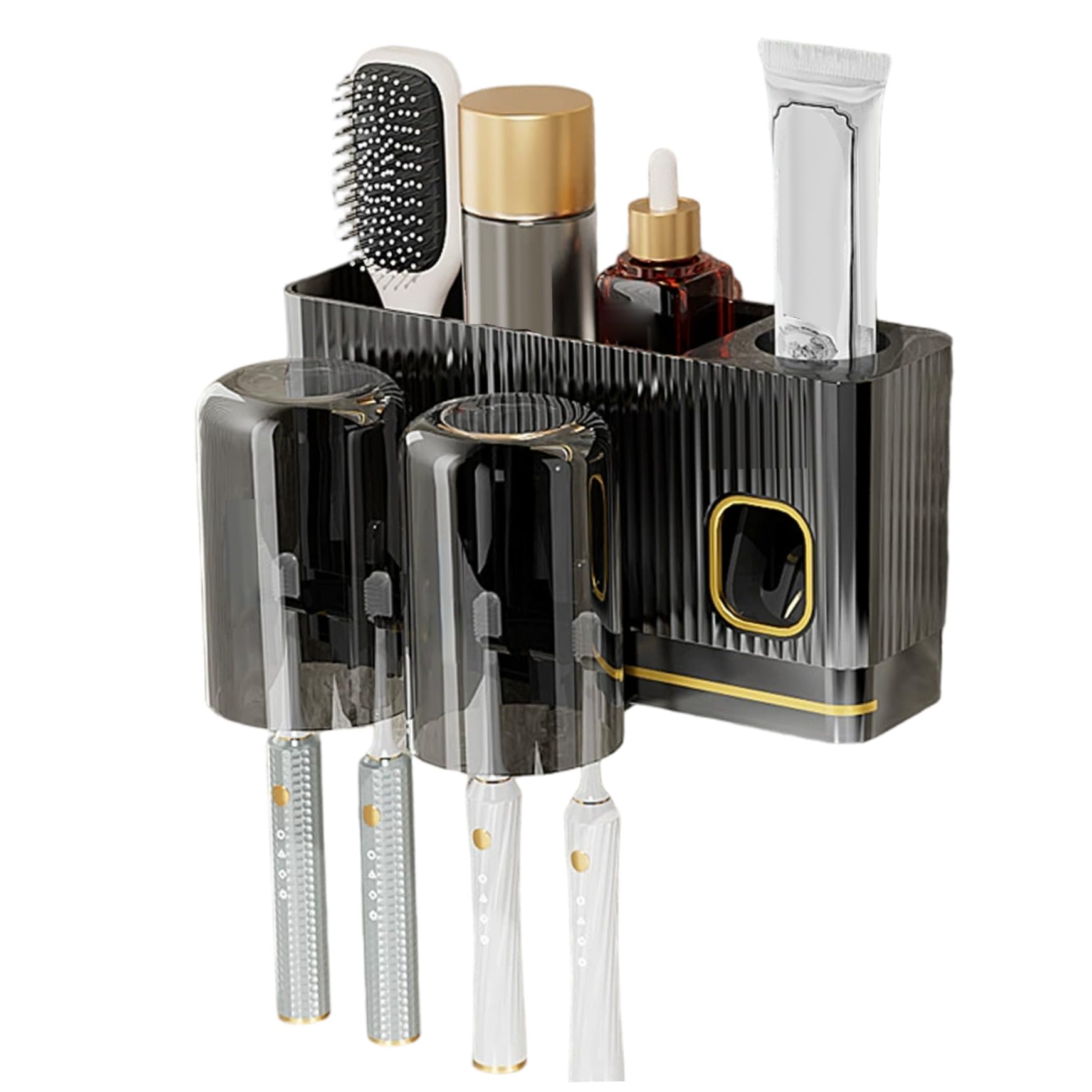 Licsaliwe Black Toothbrush And Toothpaste Holder Wall Mount 2-Cup Bathroom Organizer With Automatic Toothpaste Dispenser For Bathroom Counter Organization (Black)