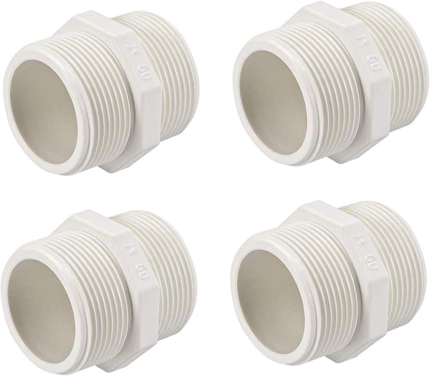 4 Pcs PVC Pipe Fitting Hex Nipple G1-1/2 X G1-1/2 Male Thread Coupling Adapter Connector for Irrigation, Swimming Pools, Flower Stands, Aquariums, etc
