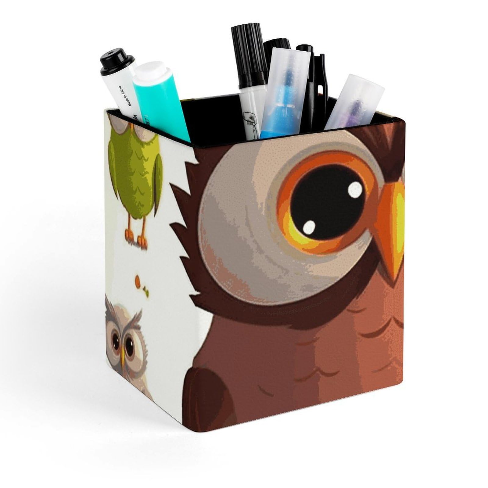 Porte-crayons carré bureau motif chouette pot à stylo original table