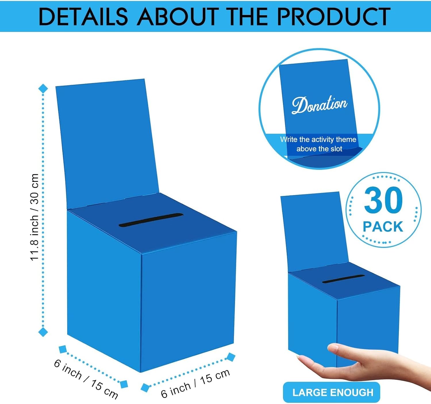 30 Pack Raffle Boxes Ballot Box Suggestion Box with Slot, 6 x 6 x 6 Inch Cardboard Raffle Boxes with Slot for Ticket and Removable Header for Collecting Business Card Voting Contest (Blue) 30pcs-blue