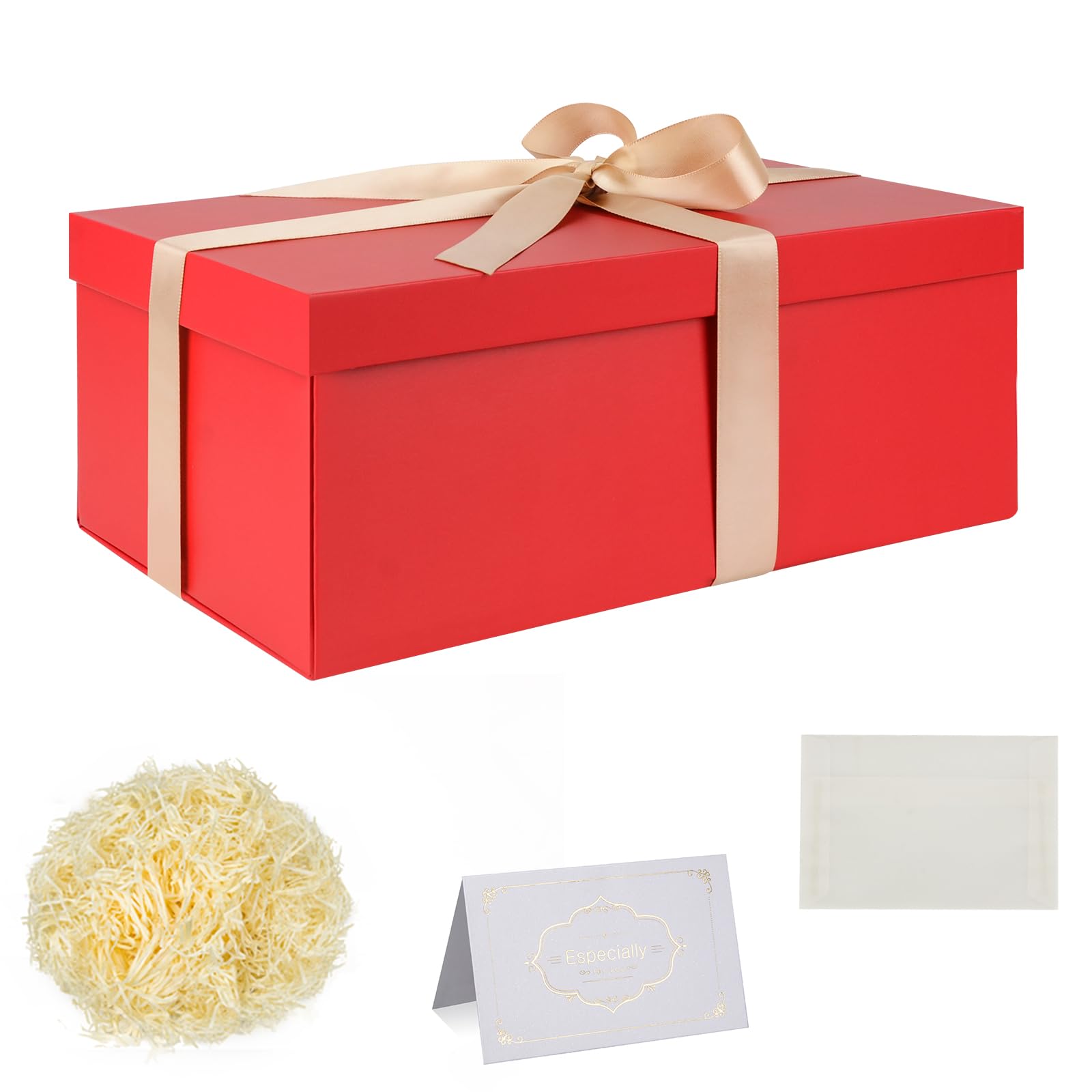 Gift Box Set, Red Gift Boxes with Lids 30 x 20 x 12 cm Large Gift Box with Ribbon Shredded Tissue Paper Greeting Cards for Christmas Birthday Wedding Anniversary