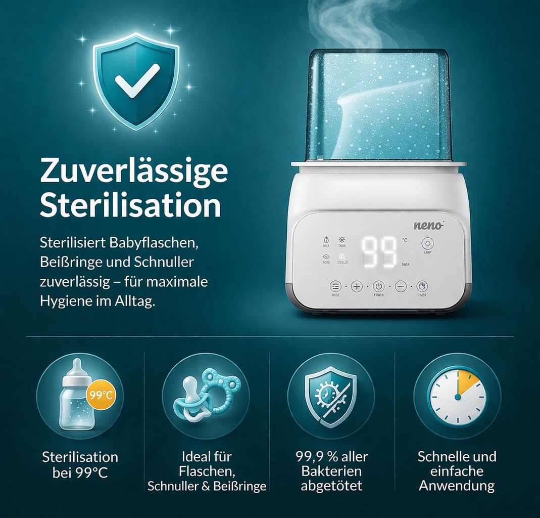 NENO VITA - Flaschenwärmer Baby und Sterilisator für Babyflaschen - Baby Flaschen Wärmer - 5-in-1: Sterilisation, Erwärmen von Mahlzeiten und Milch, Auftauen, Temperaturhaltung – 4 Betriebsarten