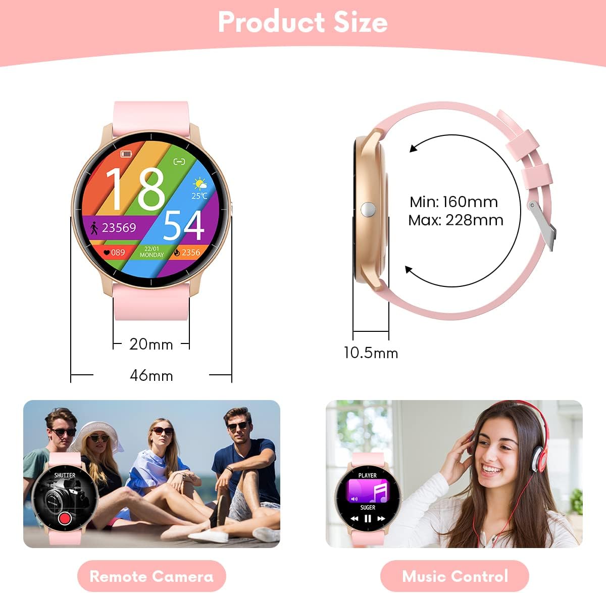 TAOPON Smartwatch dimensions, remote camera, and music control features.