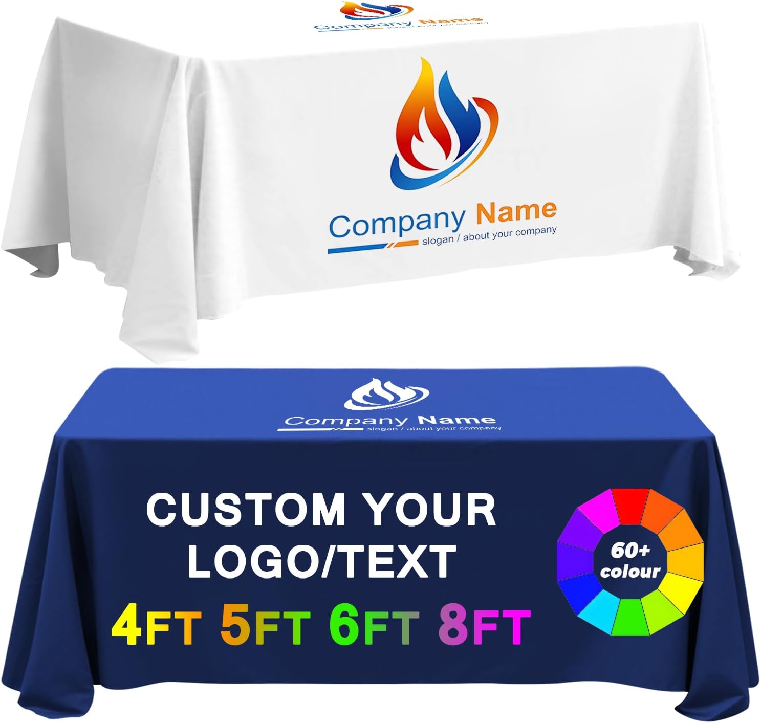 Customized Tablecloth with Logo for Events - Ships Next Day,Tradeshow Events Company/School/Shop/Welfare Agency Washable Polyester Fabric, 10 Sizes,Personalized Table cloth (4FT(109L x 64W))