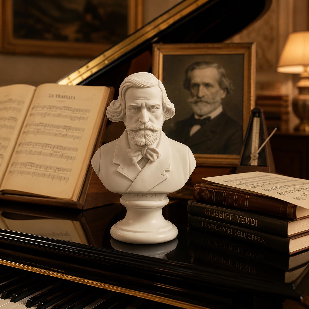 GINGERSHOPONLINE Busto in Polvere di Alabastro di Giuseppe Verdi, altezza 15 cm, Statua Decorativa con Base in Alabastro, Artigianato made in Italy