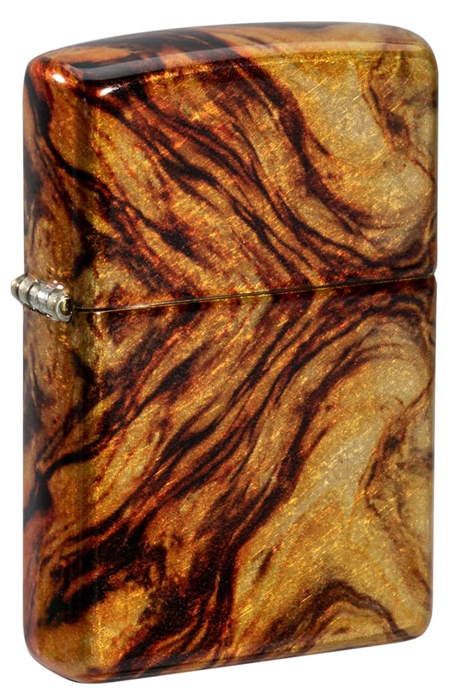 Zippo Encendedor a Prueba de Viento - Modelo Wood - Dorado y Marrón, Acabado de Latón Pulido con 540 Fusion - Recargable - Reutilizable - Diseño a Prueba de Viento - Caja de Regalo - Hecho en EEUU