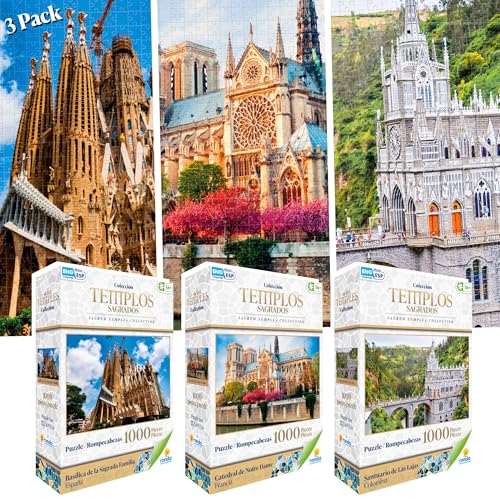 RONDA 3-Pack Sacred World Temples 1000-Piece Puzzles for Adults – Challenging Puzzle Set for Expert Enthusiasts Featuring Sagrada Familia, Notre Dame y Las Lajas