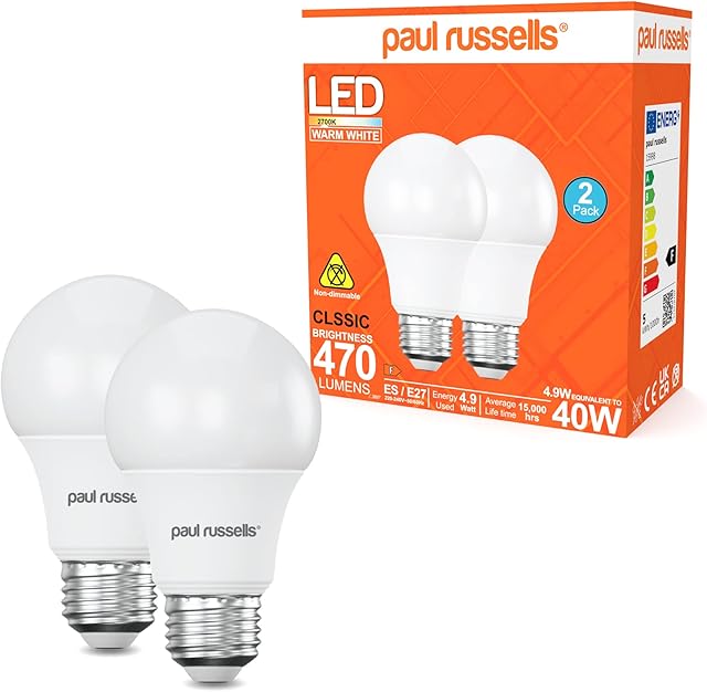 paul russells 4.9W LED GLS Light Bulbs Edison Screw E27, 40w Equivalent, 470LM LED Bulbs, 2700K Warm White, Classic Frosted ES A60 Standard Energy Saving Ceiling Lights Lamp, Pack of 2