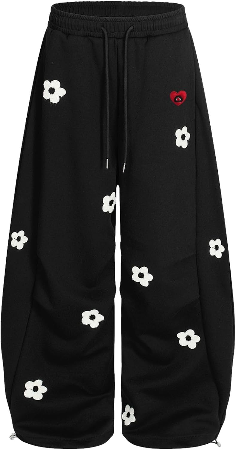 Aelfric Eden Baggy Wide Leg Sweatpants Flower Embroidery Casual Y2K Elastic Drawstring Lantern Barrel Lounge Trouser Pants