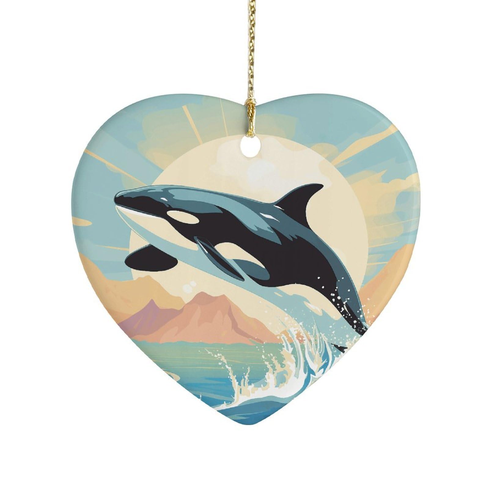 Orca in The Sea Heart Ornament Precious Heart-Shaped Pendant Idea Ceramic Ornaments with Gold String Personalized Heart Shaped Decoration for Outdoor Party Love