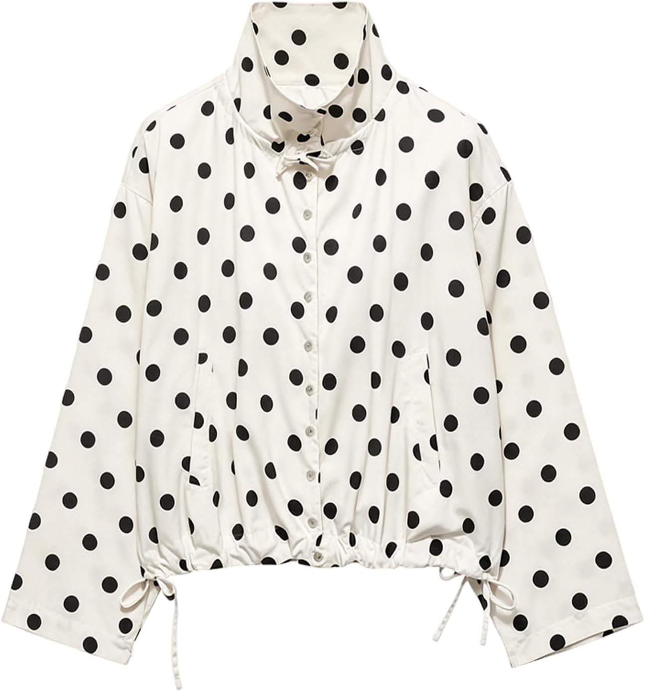 Women's Polka Dot Jacket Lightweight Cropped Casual Jackets with Pocket | Polka Dot,Fall Jacket,Spring Jackets,Cropped Jacket,Zip Up Jacket,Light Jackets for Women,Funnel Neck,Drawstring