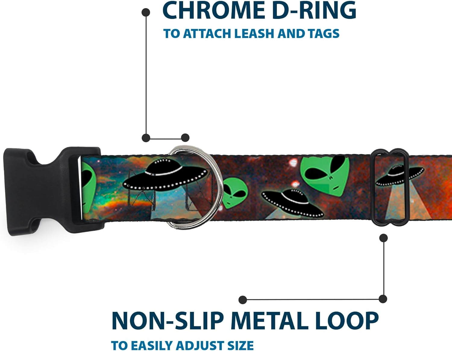 Buckle-Down PC-W30163-WS Aliens & Ufo's Galaxy/Green/Black/White Plastic Clip Collar, Wide Small/13-18"