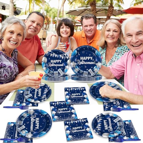 Image of gisgfim 96 Pcs Retirement Plates and Napkins Party Supplies Paper Happy Retirement Party Tableware Set Blue Silver Decorations Favors for Men Women for 24 Guests