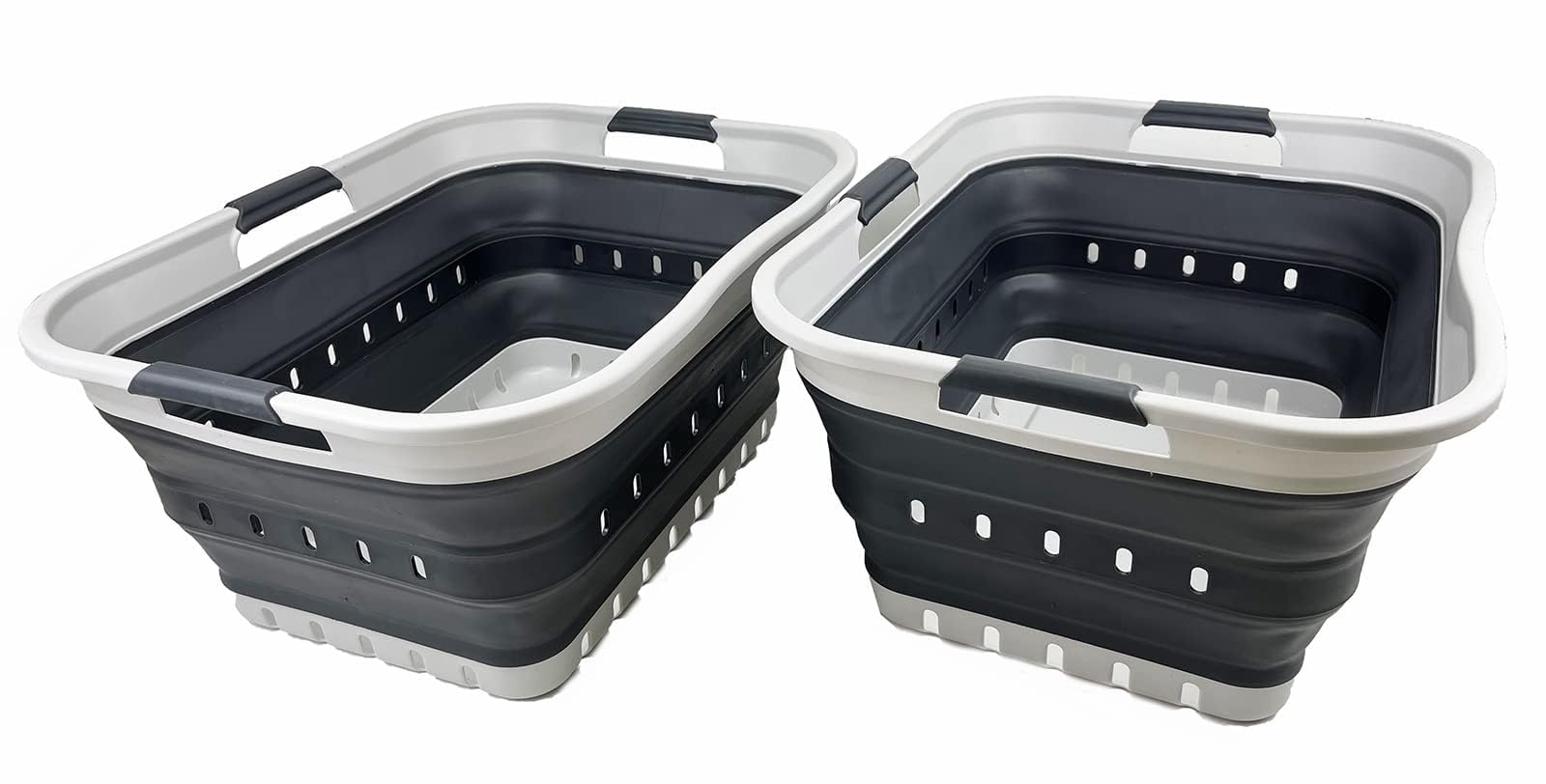 SAMMART 42L Collapsible Plastic Laundry Basket - Foldable Pop Up Storage Container/Organizer - Portable Basket - Space Saving Hamper/Basket (Grey/Charcoal Black (Set of 2))