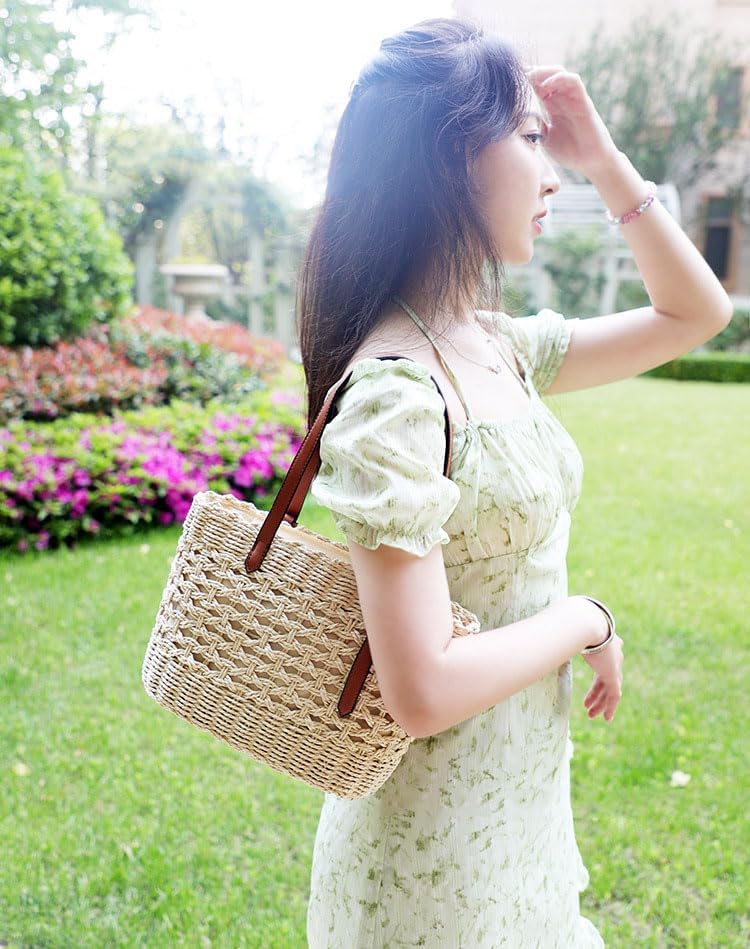 Womens Straw Tote Handbag - Summer Beach Bag with Top Handle - Handwoven Shoulder Bag - 2024 - Image 2